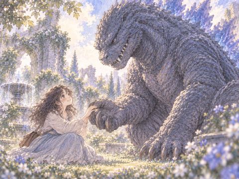 大きな怪獣の手に優しく触れて微笑む女性