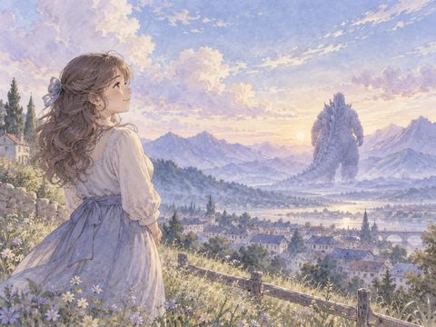 山の向こうへ去る怪獣の後ろ姿を安心して見送る女性