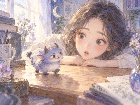 机の上を歩く小さな怪獣を不思議そうに眺める女性