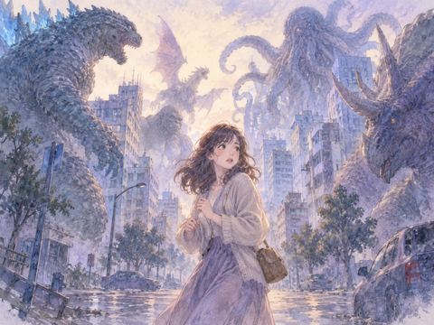 街に現れた何体もの怪獣に囲まれて戸惑う女性