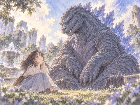 鋭い爪を持ちながら静かに座る怪獣を安心して見つめる女性