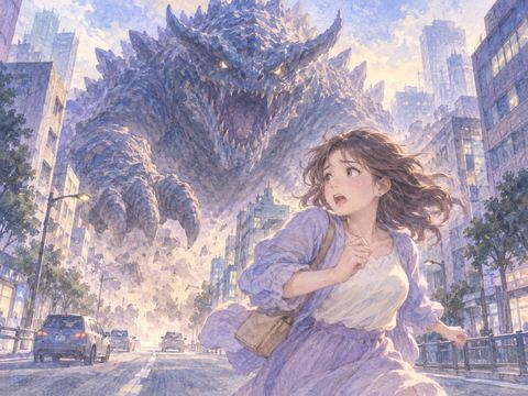 背後から迫る巨大な怪獣を振り返って驚く女性