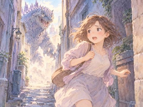 怪獣から逃れるため細い路地を必死に走る女性
