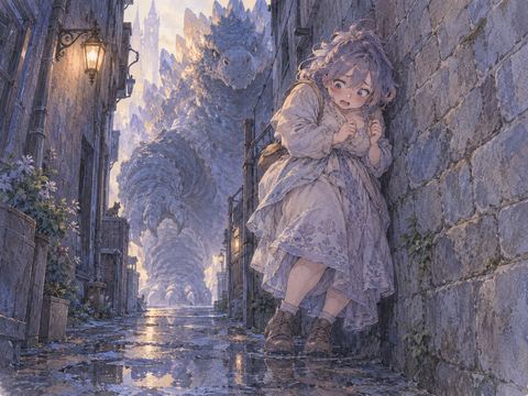 行き止まりで足が動かず迫る怪獣に焦る女性