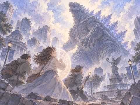 巨大な怪獣に向かって仲間と勇敢に立ち向かう女性