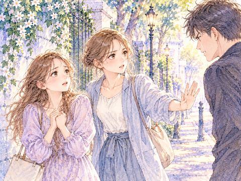 絡んできた男性との間に友人が入り女性を助ける場面