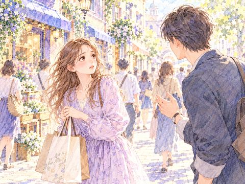 人通りのある商店街で見知らぬ男性に絡まれる女性