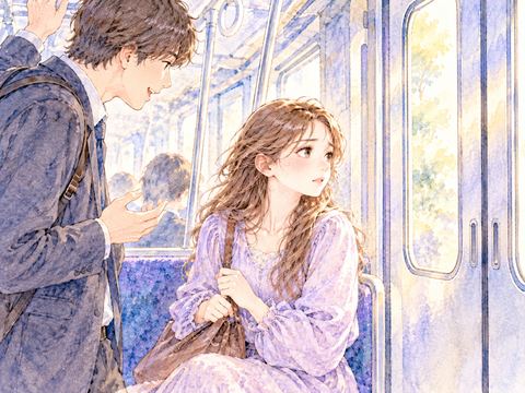 走行中の電車内で知らない男性に話しかけられ困る女性