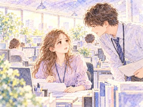 職場のデスクで同僚にしつこく話しかけられる女性