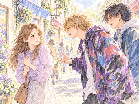 派手な服装の若者二人に呼び止められ困る女性