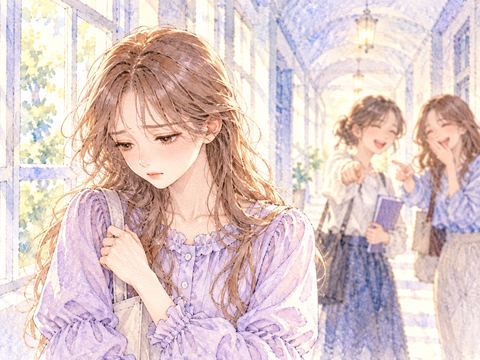 笑いながら話す二人の前で悲しそうにうつむく女性