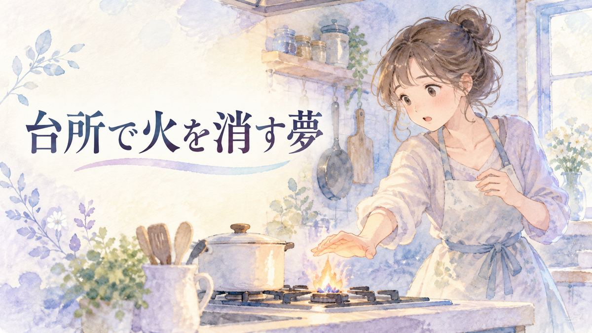 台所の小さな火を消そうとする大人の女性