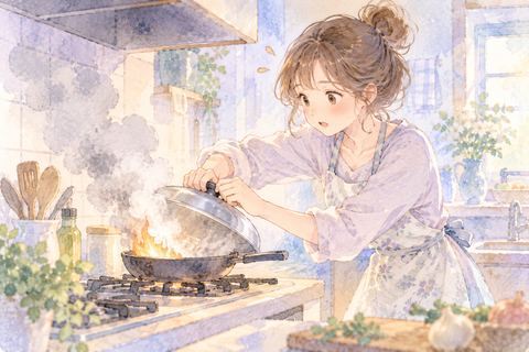 台所の小さなボヤをすぐ消す大人の女性