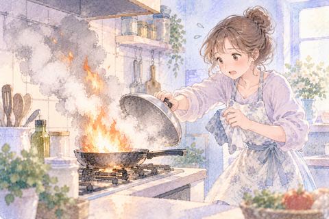 消しても残る台所の火に焦る大人の女性