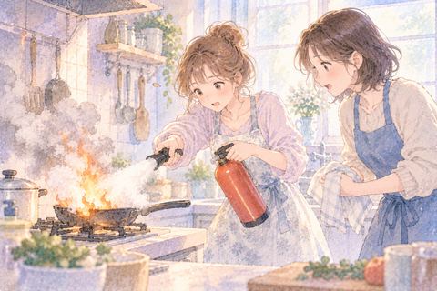 二人で台所の火を消す大人の女性たち