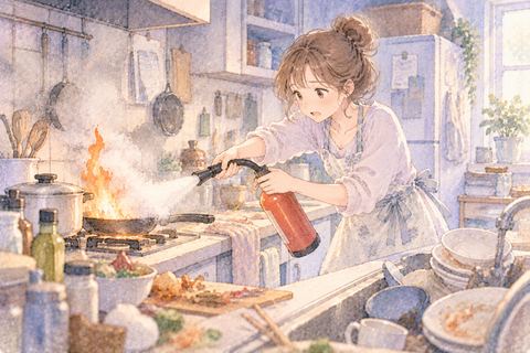 散らかった台所で火を消す大人の女性