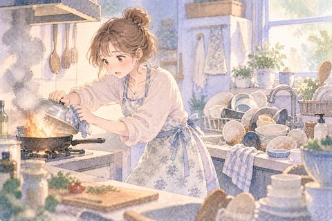 洗い物の多い台所で火を消す大人の女性
