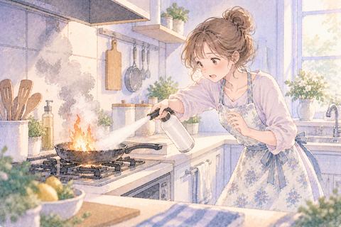 整った台所の火を落ち着いて消す大人の女性