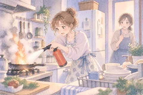 他人の家の台所で火を消す大人の女性