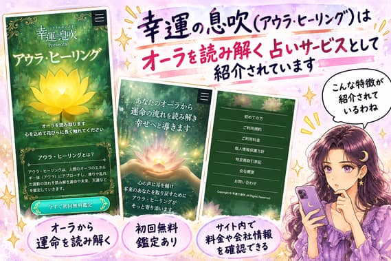 幸運の息吹(アウラヒーリング)の公式サイト画面を示し、花びらに触れるオーラ演出や、鑑定師へのメッセージ送信にポイントが必要な占いサービスの特徴を説明する画像