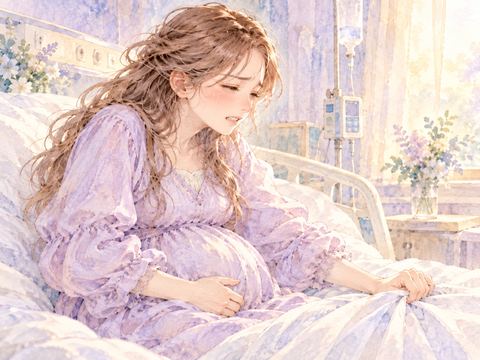 病室のベッドで激しい陣痛に耐える女性