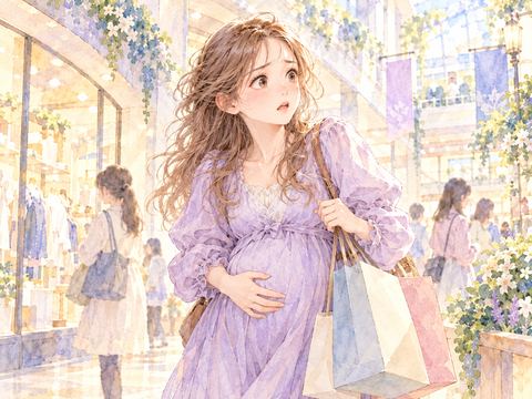 買い物中に突然陣痛が始まりお腹を押さえる妊婦