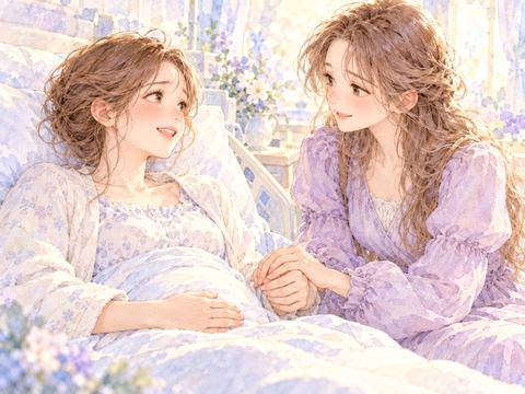 陣痛に耐える妊婦の手を優しく握って支える女性