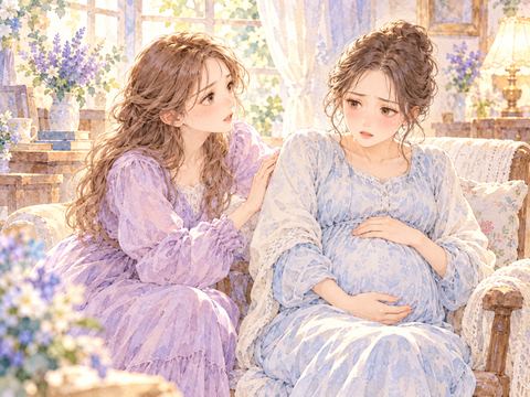 陣痛に苦しむ友人の背中を優しくさする女性
