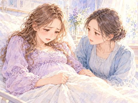 病室のベッドで陣痛が怖くて不安そうな妊婦