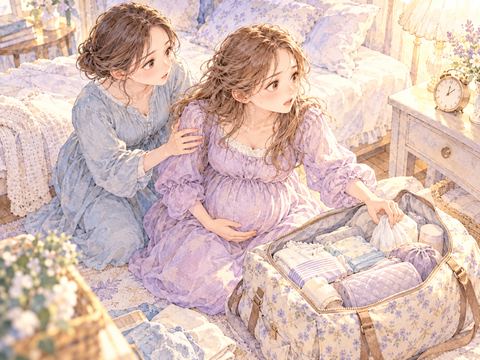 突然の陣痛で入院用品を探し慌てる妊婦