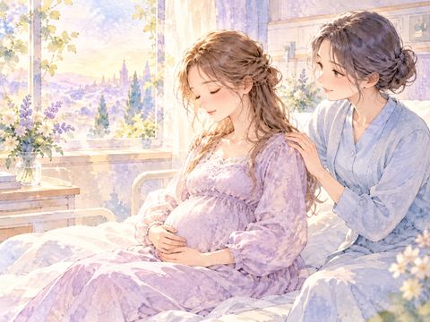 陣痛中に目を閉じてゆっくり呼吸を整える妊婦