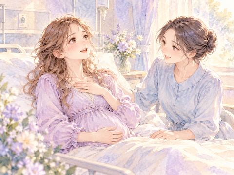陣痛が収まり病室でほっと息をつく妊婦