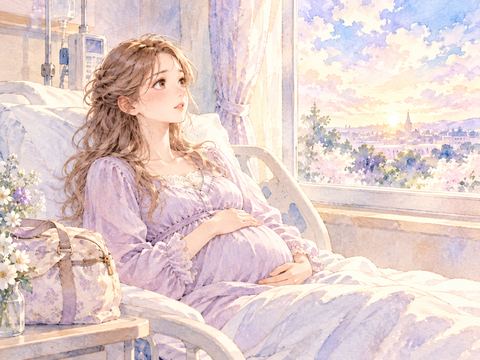 病院のベッドで出産を待つ女性