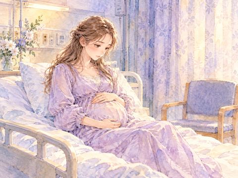 出産を待ちながら不安そうにお腹を見る女性