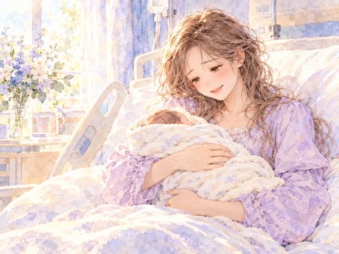出産後に赤ちゃんを抱いてほっとする女性