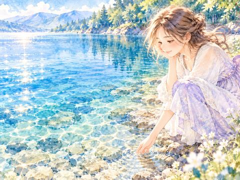 湖底の小石まで透けて見える透明な湖を眺める女性