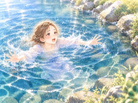 湖に落ちて驚きながら水面に浮かぶ女性