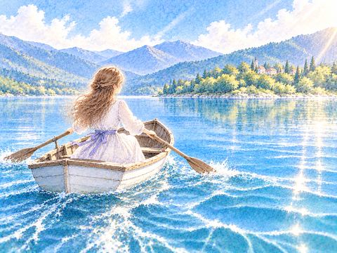 小舟をこいで湖の向こう岸を目指す女性