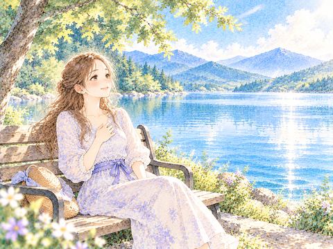 穏やかな湖を眺めて安心した表情を浮かべる女性