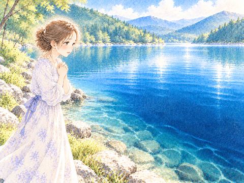 深い青色の湖を前に不安そうに立ち止まる女性