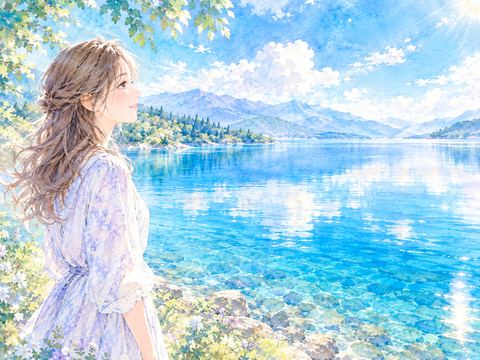 鮮やかな青い湖の前で静かに景色を眺める女性