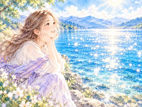太陽の光でキラキラ輝く湖に見とれる女性