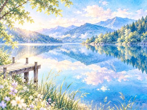 木々と空を鏡のように映す静かな湖