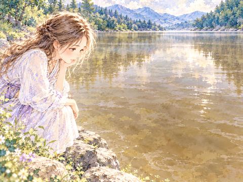 茶色く濁った湖の岸で水面を見つめる女性