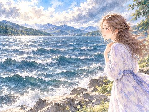 風で大きく波立つ湖を不安そうに見つめる女性