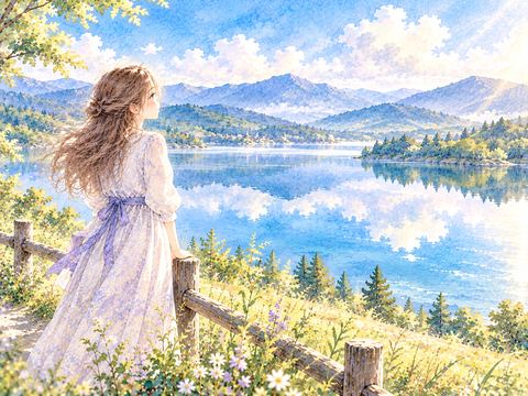 湖を見渡せる岸辺で静かにたたずむ女性