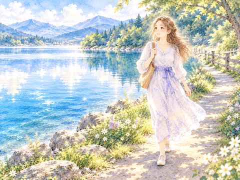 湖のほとりの小道を穏やかな表情で歩く女性