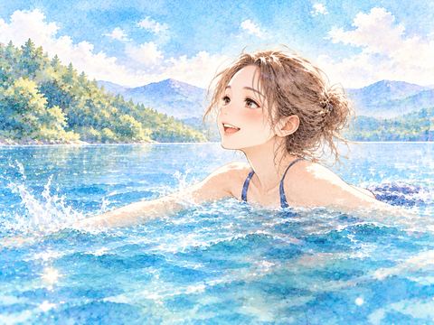 青く澄んだ湖を気持ちよさそうに泳ぐ女性