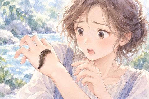 手に吸いついたヒルを見て戸惑う女性