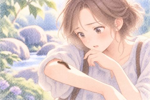 一匹のヒルをじっと見つめる女性